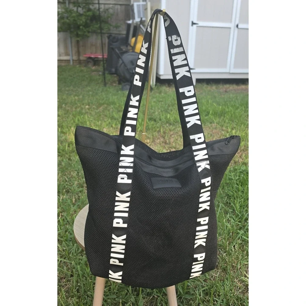Victoria's Secret PINK Black Logo Mesh Tote Bag Travel Shoulder Handbag